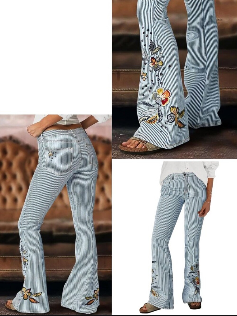 Flamingals Embroidered Railroad Stripe Flare Jeans 6/8